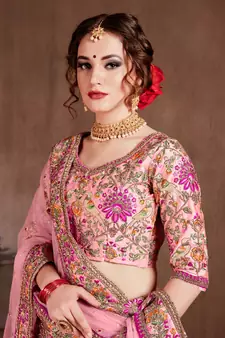Baby Pink Dori Zari And Thread Embroidered Silk Bridal Lehenga