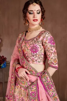 Baby Pink Dori Zari And Thread Embroidered Silk Bridal Lehenga