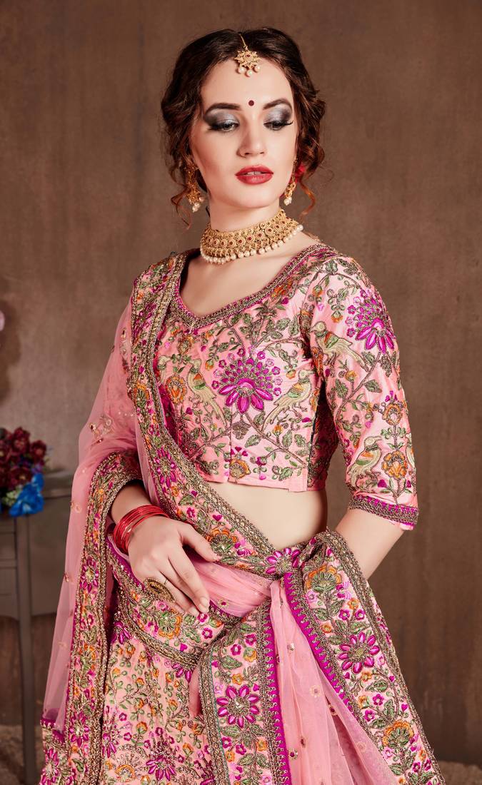 Captivating Baby Pink Dori, Zari and Thread Embroidered Silk Bridal Lehenga