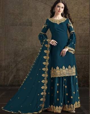 Dark-aqua-blue embroidered satin salwar 1