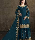 Dark-aqua-blue embroidered satin salwar