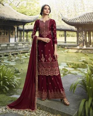 Dark-maroon embroidered faux georgette salwar 1