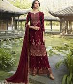 Dark-maroon embroidered faux georgette salwar