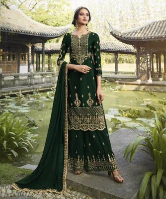 Dark-green embroidered faux georgette salwar 1