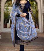 Navy-blue embroidered satin salwar