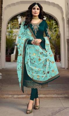 Dark-aqua-blue embroidered satin salwar 1