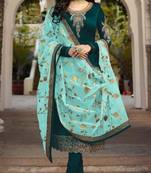 Dark-aqua-blue embroidered satin salwar
