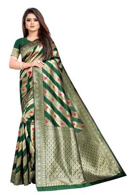Green woven poly silk saree with blouse 1