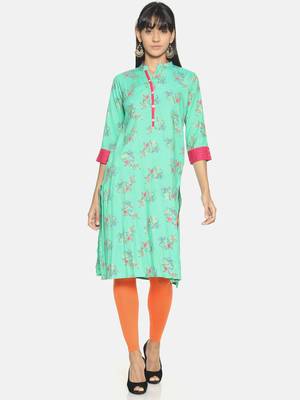 Sea-green printed rayon long-kurtis 1