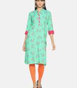 Sea-green printed rayon long-kurtis