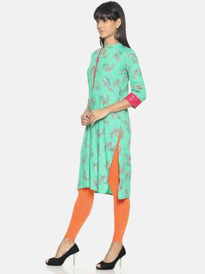 Sea-green printed rayon long-kurtis 2