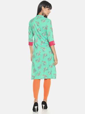 Sea-green printed rayon long-kurtis 3