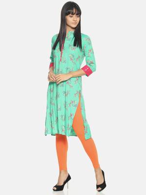 Sea-green printed rayon long-kurtis 4
