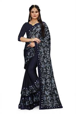 Navy blue printed lycra saree with blouse 1