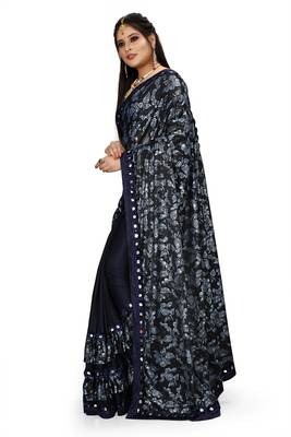 Navy blue printed lycra saree with blouse 2