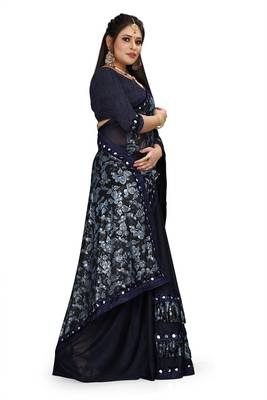 Navy blue printed lycra saree with blouse 3