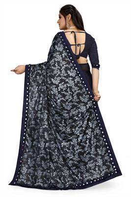 Navy blue printed lycra saree with blouse 4