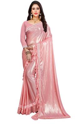 Pink plain lycra saree with blouse 1