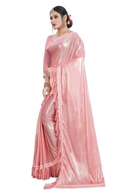 Pink plain lycra saree with blouse 2