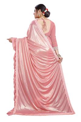 Pink plain lycra saree with blouse 3