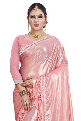 Pink plain lycra saree with blouse 4