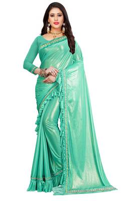 Cyan plain lycra saree with blouse 1