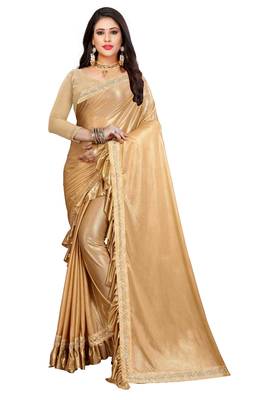 Golden plain lycra saree with blouse 1