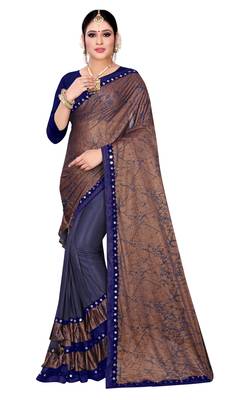 Brown printed lycra saree with blouse 1
