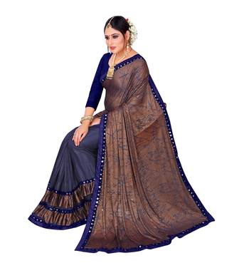 Brown printed lycra saree with blouse 4