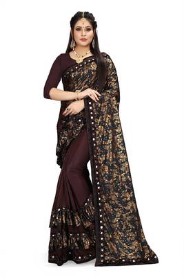 Brown printed lycra saree with blouse 1