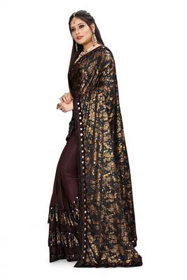 Brown printed lycra saree with blouse 2
