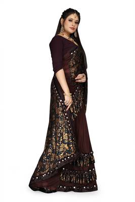 Brown printed lycra saree with blouse 3