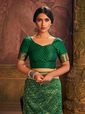 Green woven banarasi silk saree with blouse 4