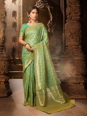 Light green woven banarasi silk saree with blouse 1