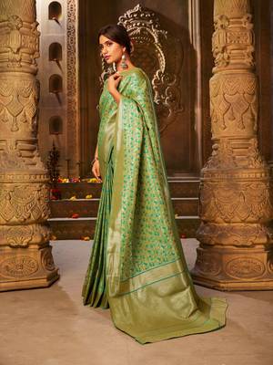 Light green woven banarasi silk saree with blouse 2