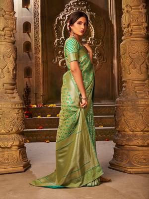 Light green woven banarasi silk saree with blouse 3