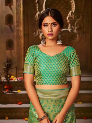 Light green woven banarasi silk saree with blouse 4