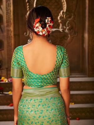 Light green woven banarasi silk saree with blouse 5