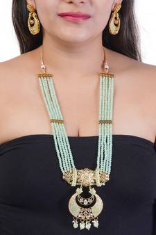 Mint Brass Meenakari Beaded Kundan Necklace Set with Earrings