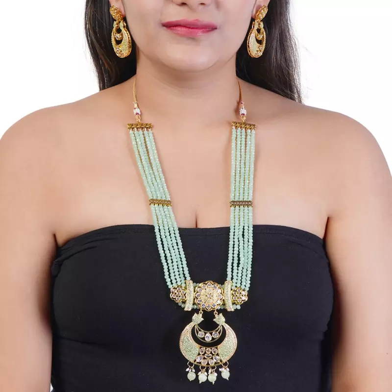 Mint Brass Meenakari Beaded Kundan Necklace Set with Earrings