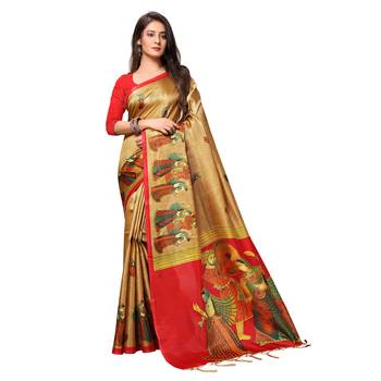 Beige printed art silk saree with blouse 1