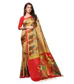 Beige printed art silk saree with blouse