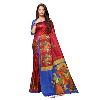 Maroon printed art silk saree with blouse 1