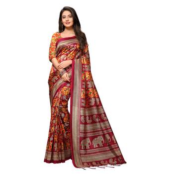 Orange printed art silk saree with blouse 1