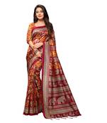 Orange printed art silk saree with blouse