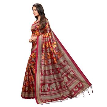 Orange printed art silk saree with blouse 2