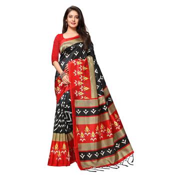 Black printed art silk saree with blouse 1