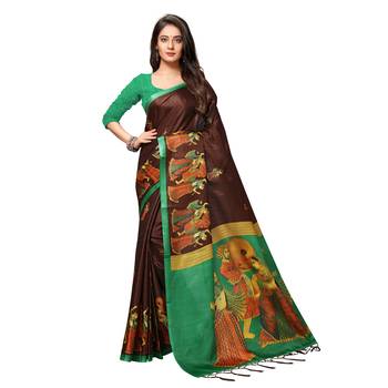 Brown printed art silk saree with blouse 1