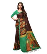 Brown printed art silk saree with blouse