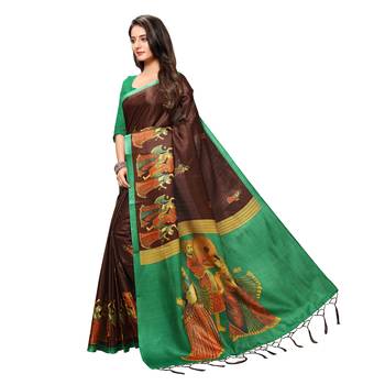 Brown printed art silk saree with blouse 2